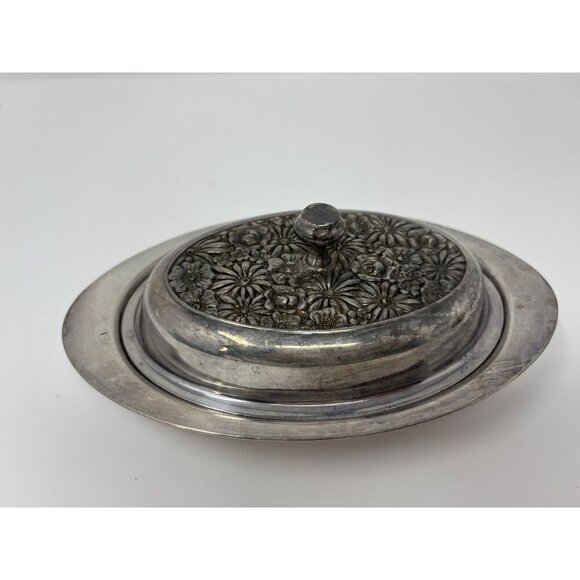 Mid Century Aluminum Silver Metal Butter Dish Pressed Daisies Glass Insert - Picture 1 of 12